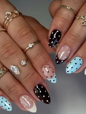 Polka Dot Stiletto Press-On Nails in Black, Baby Blue & Nude